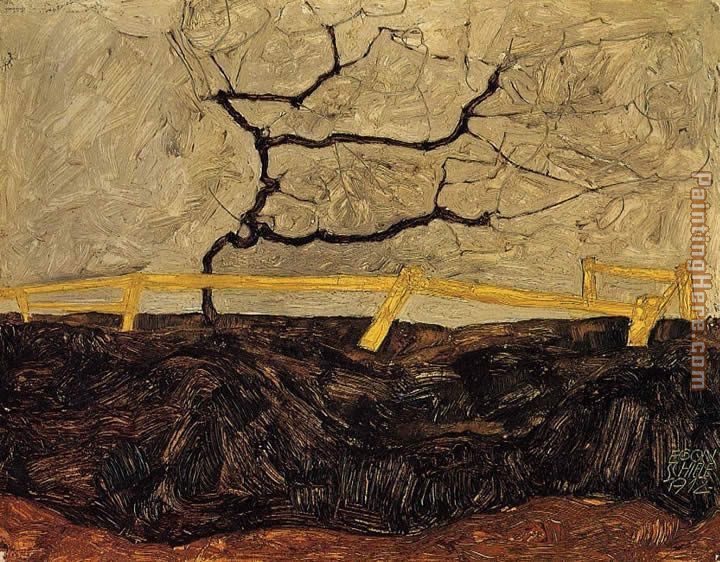 Bare Tree behind a Fence painting - Egon Schiele Bare Tree behind a Fence art painting